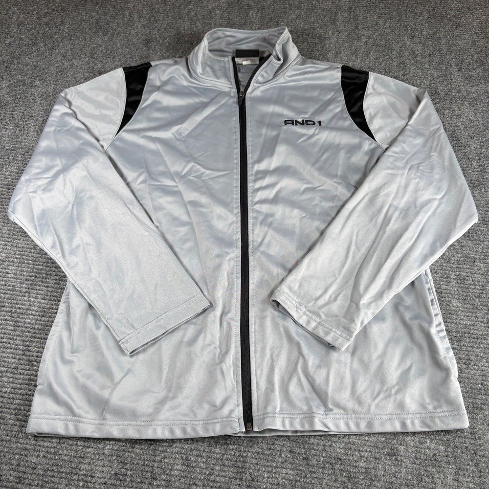 AND1 Mens XL Silver Gray Black Full Zip Track Jacket Basketball Warm Up 3713